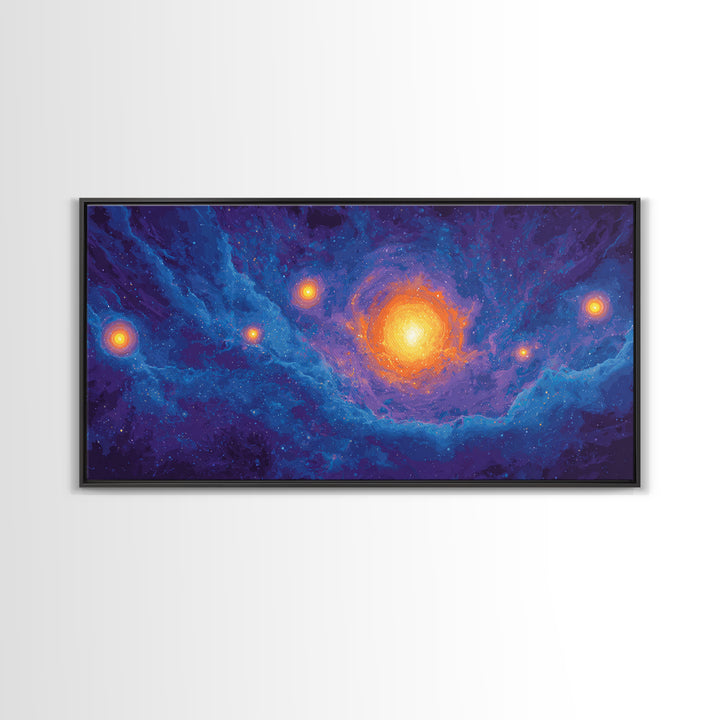 Glowing Blue Galaxy Nebula With Orange Stars Wall Art, Modern Abstract Art Print, Cosmic Retro Poster, Living Room Decor