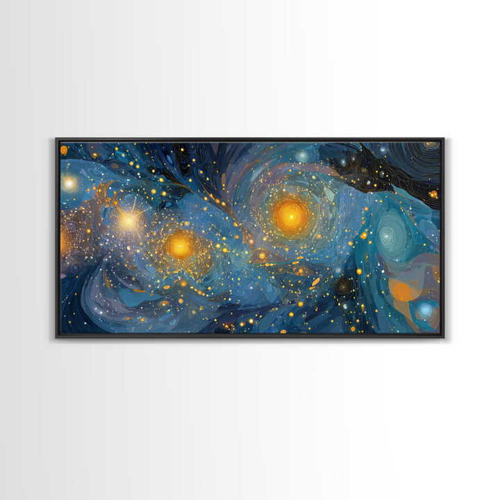 Swirling Starry Blue And Gold Galaxy Framed Canvas Print, Modern Wall Art, Abstract Poster, Celestial Living Room Decor Prints