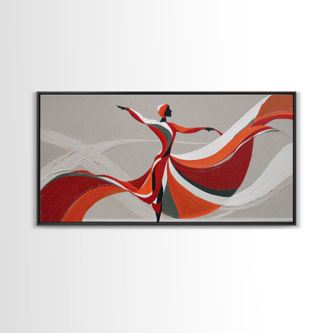 Flowing Red Orange Dancer With Ribbon Framed Canvas Print, Modern Wall Art, Abstract Painting, Statement Living Room Decor