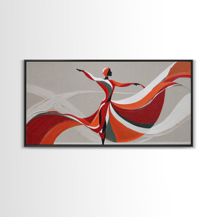 Flowing Red Orange Dancer With Ribbon Framed Canvas Print, Modern Wall Art, Abstract Painting, Statement Living Room Decor