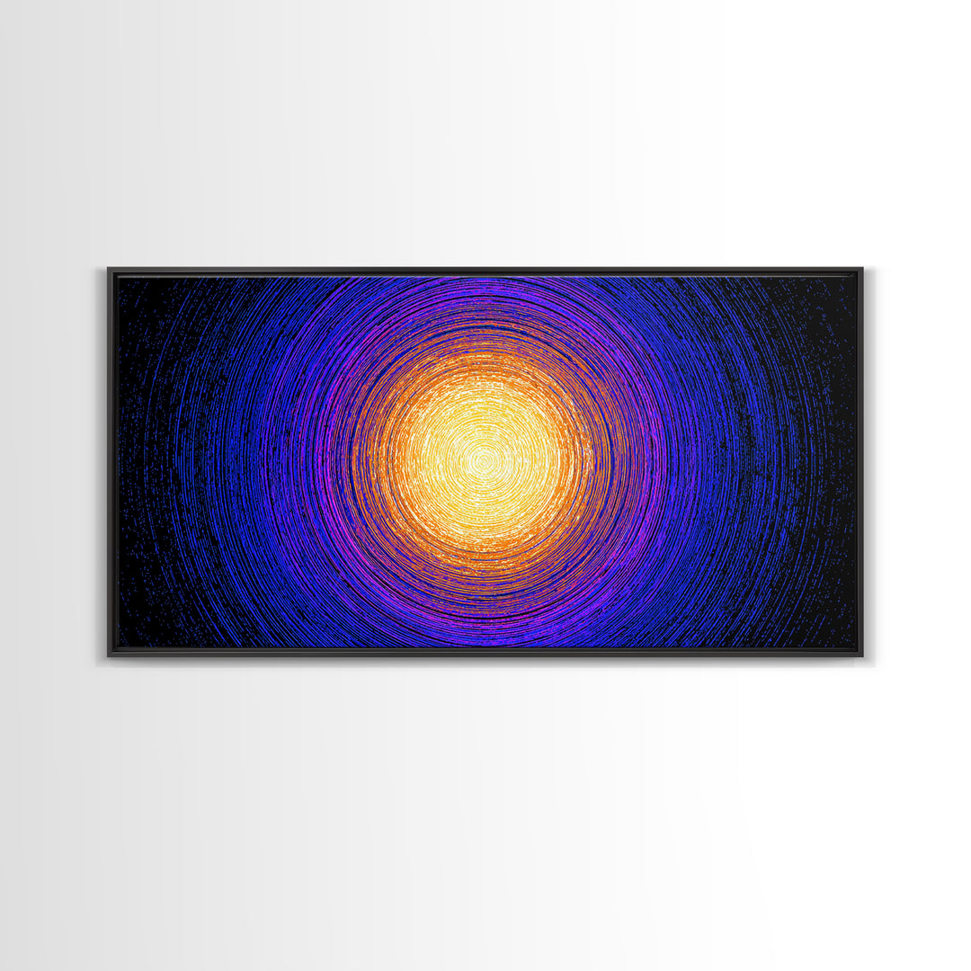 Golden Sun Blue Vortex Canvas Print, Cosmic Abstract Wall Art, Modern Retro Poster, Vibrant Space Decor For Living Room Or Office