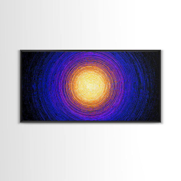 Golden Sun Blue Vortex Canvas Print, Cosmic Abstract Wall Art, Modern Retro Poster, Vibrant Space Decor For Living Room Or Office