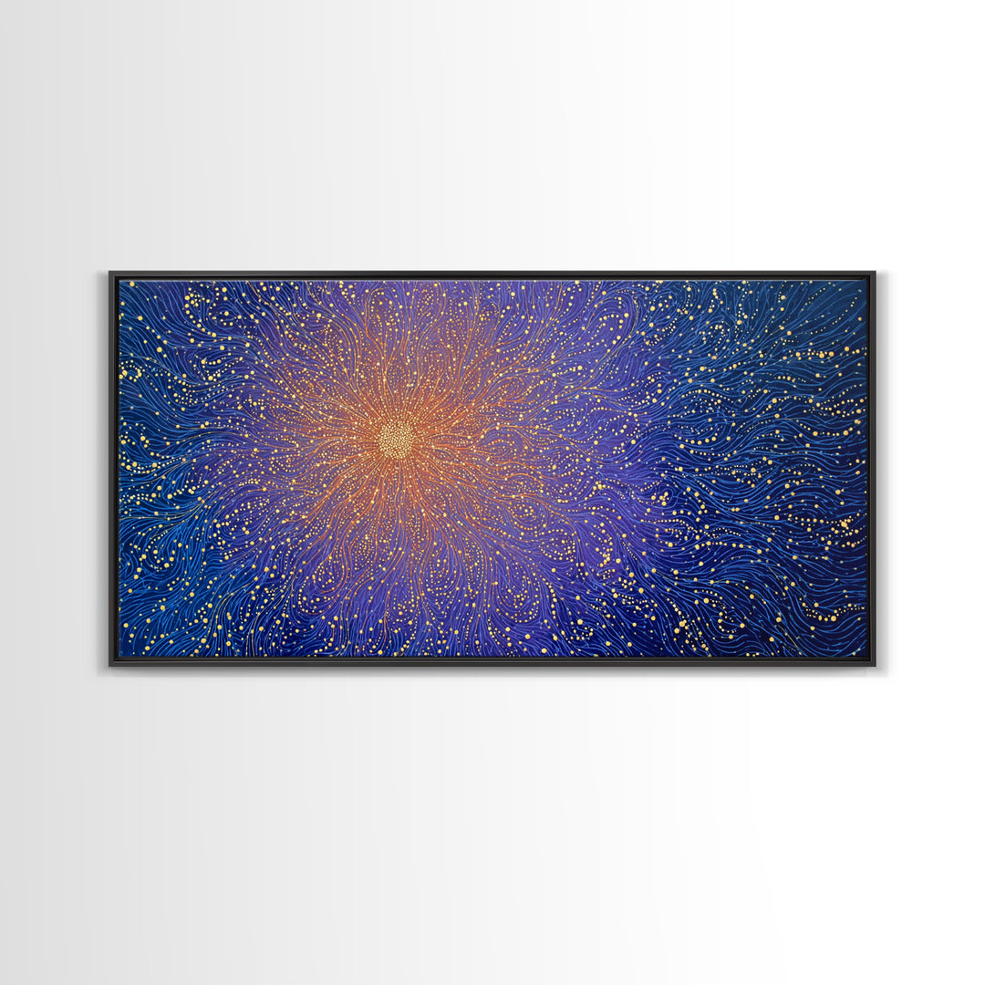 Golden Starburst Blue Wave Wall Art, Cosmic Abstract Digital Print, Modern Wall Decor, Vibrant Space Poster For Living Room