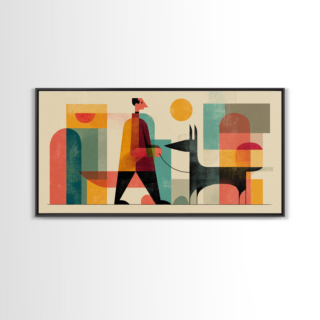 Man Walking Black Dog Wall Art, Midcentury Modern Illustration, Retro Abstract Shapes, Colorful Home Decor Canvas Print Gift