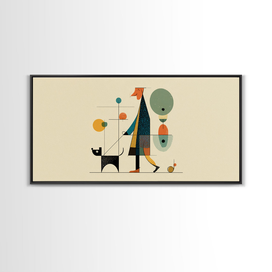 Whimsical Dog Walker Canvas Print, Midcentury Modern Minimal Art, Atomic MCM Wall Decor, Scandinavian Home Art Print Poster