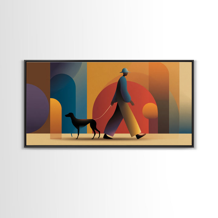 Sunset Dog Walker Framed Canvas Print, Midcentury Modern Wall Art, Retro Arches Decor, Warm Orange Living Room Print Poster