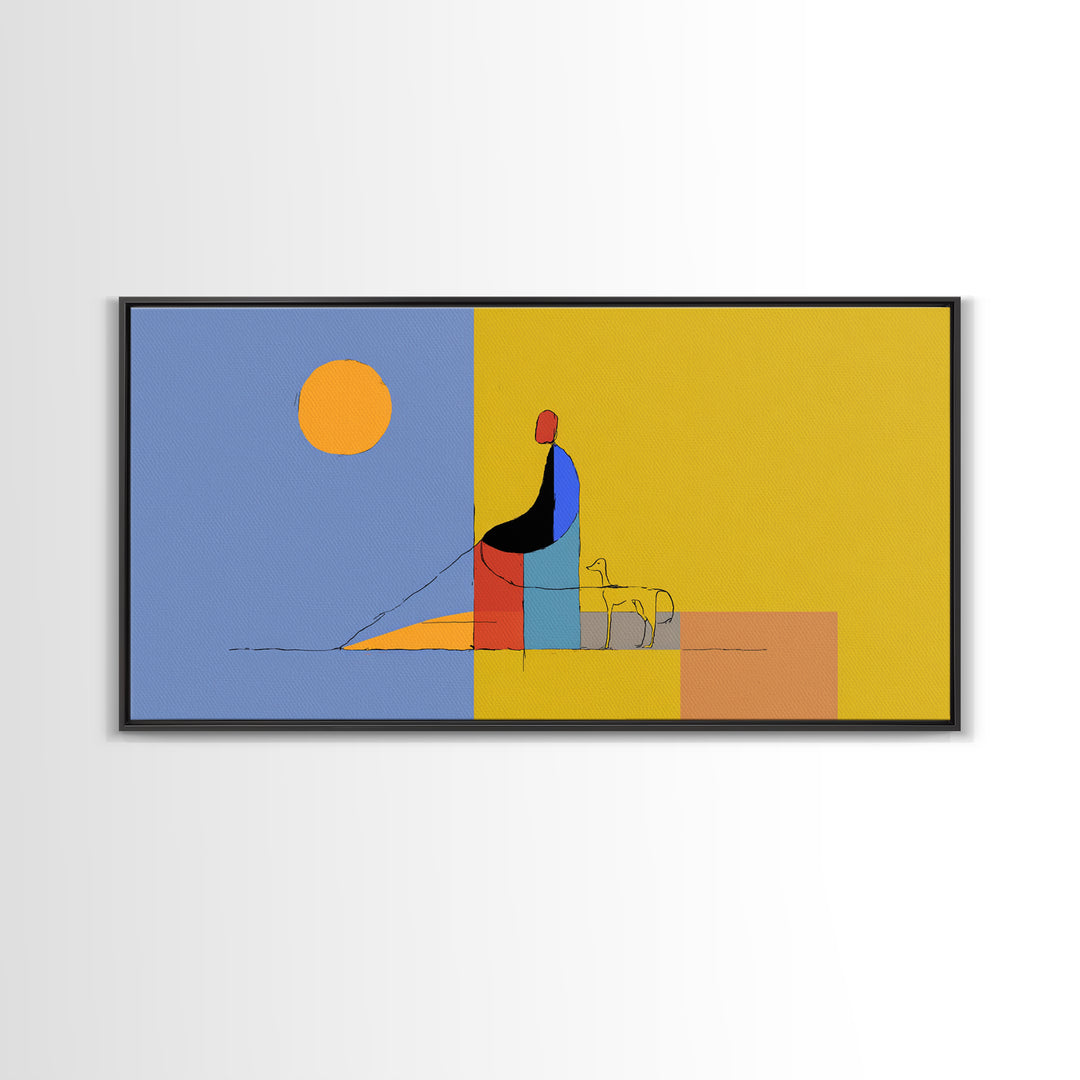 Minimal Yellow Blue Dog Walker Wall Art, Midcentury Modern Abstract Print, Scandinavian Decor, Geometric Home Art Poster