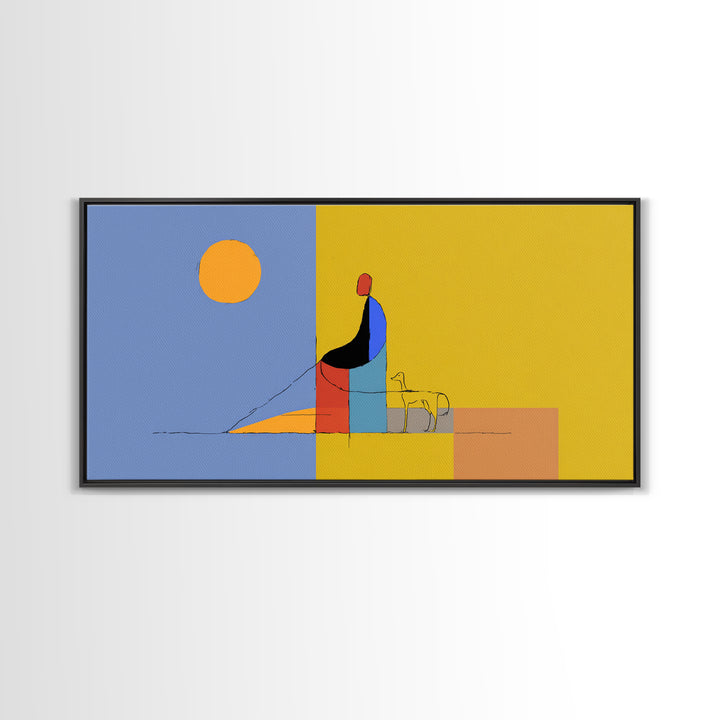 Minimal Yellow Blue Dog Walker Wall Art, Midcentury Modern Abstract Print, Scandinavian Decor, Geometric Home Art Poster