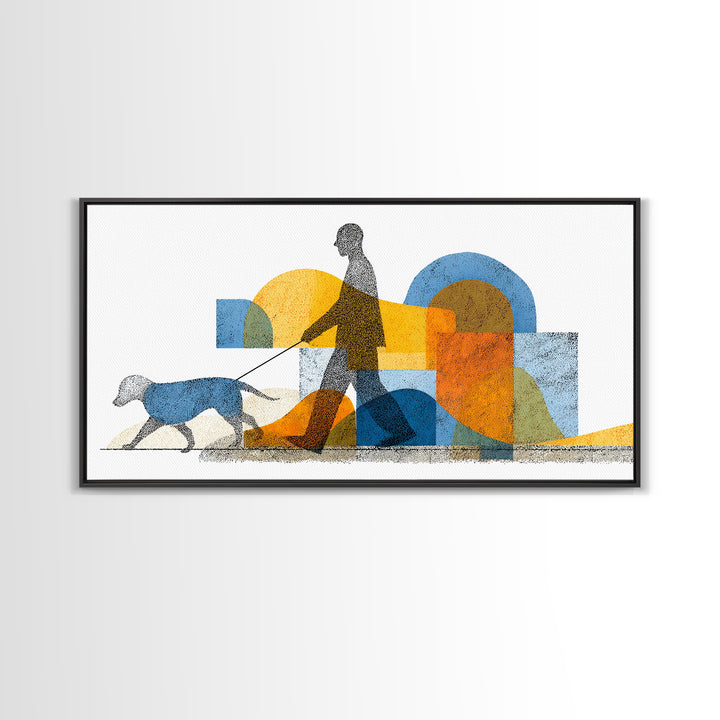 Silhouette Dog Walker Canvas Print, Midcentury Modern Wall Art, Blue Orange Geometric Decor, Minimalist Living Room Art Poster