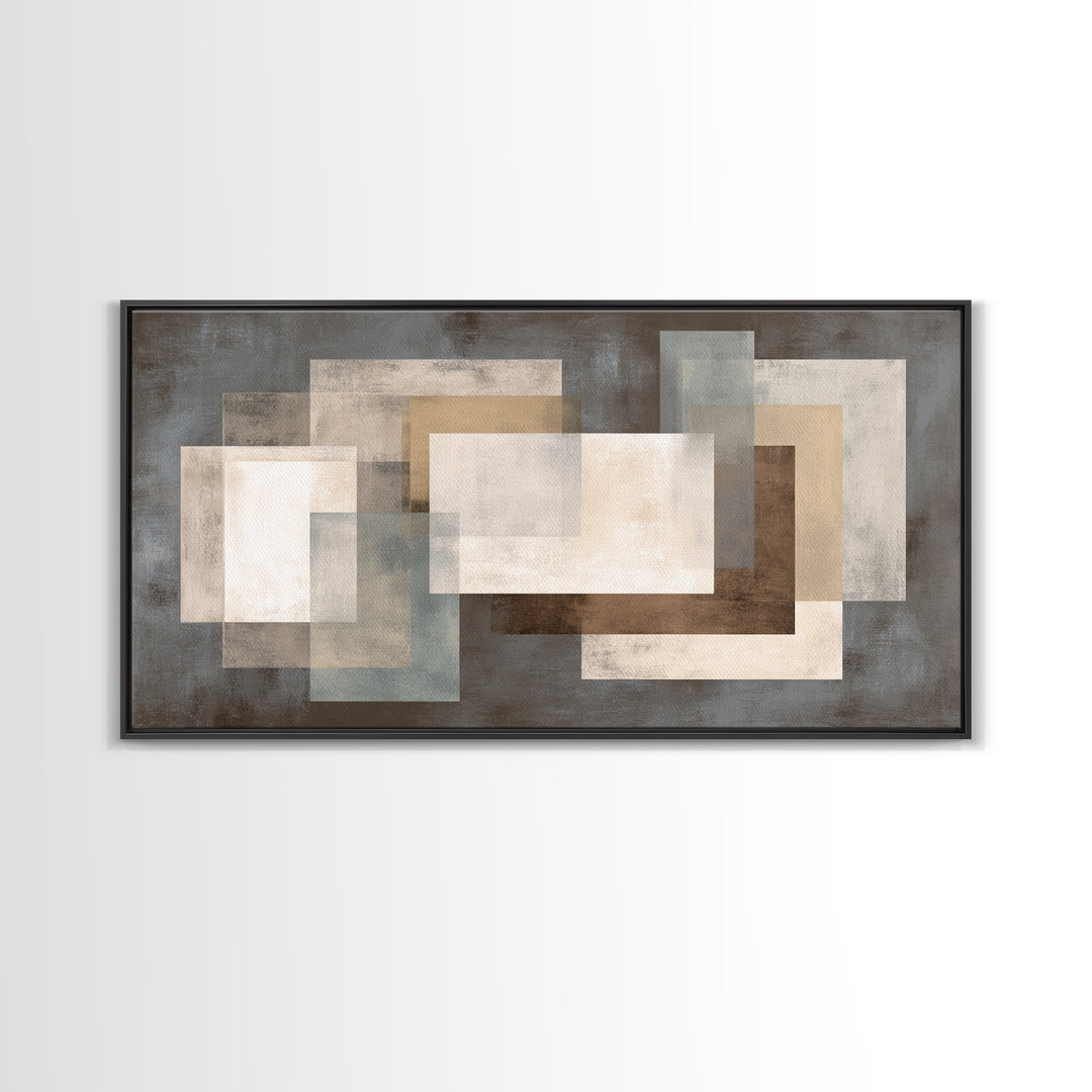 Neutral Beige Gray Layered Rectangles Framed Canvas Print, Modern Abstract Wall Art, Minimalist Living Room Home Decor Print