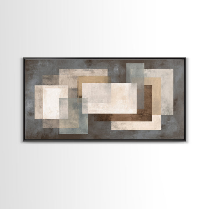 Neutral Beige Gray Layered Rectangles Framed Canvas Print, Modern Abstract Wall Art, Minimalist Living Room Home Decor Print