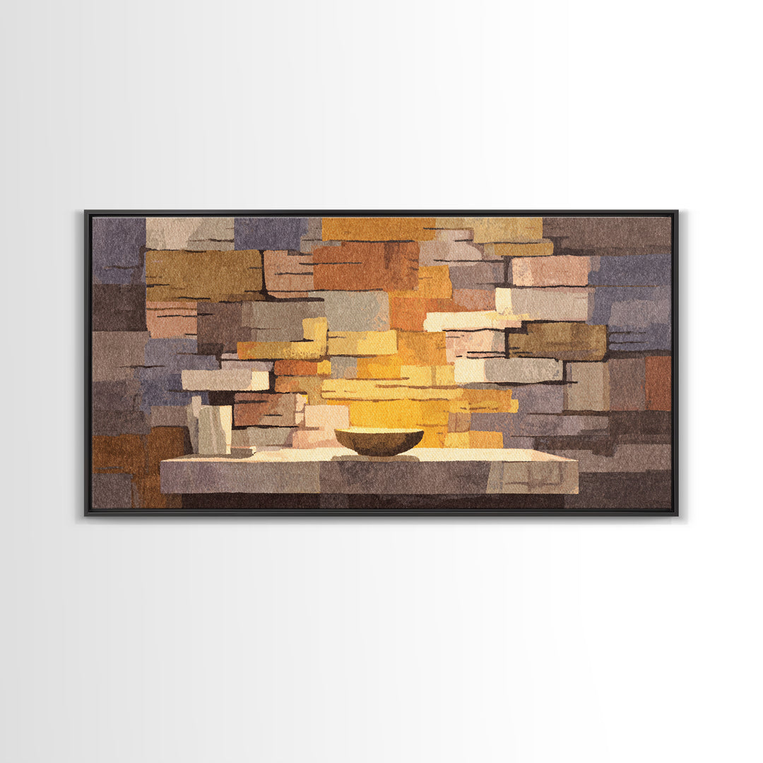 Abstract Stone Fireplace Wall Art, Midcentury Modern Home Decor, Warm Geometric Canvas Print, Cozy Living Room Artwork Poster