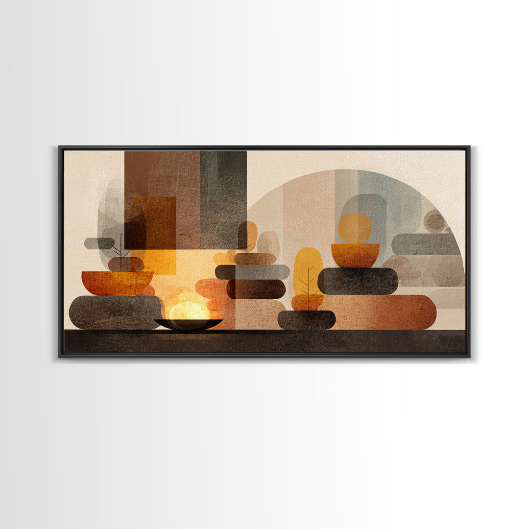 Warm Stacked Abstract Shapes With Arches, Midcentury Modern Wall Art, Earth Tone Retro Decor, Large Canvas Print, Living Room Home Decor
