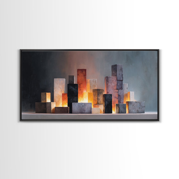 Glowing Stone Block Skyline At Dusk, Framed Canvas Print, Modern Abstract Art, Office Wall Decor, Neutral Home Decor, Living Room Art