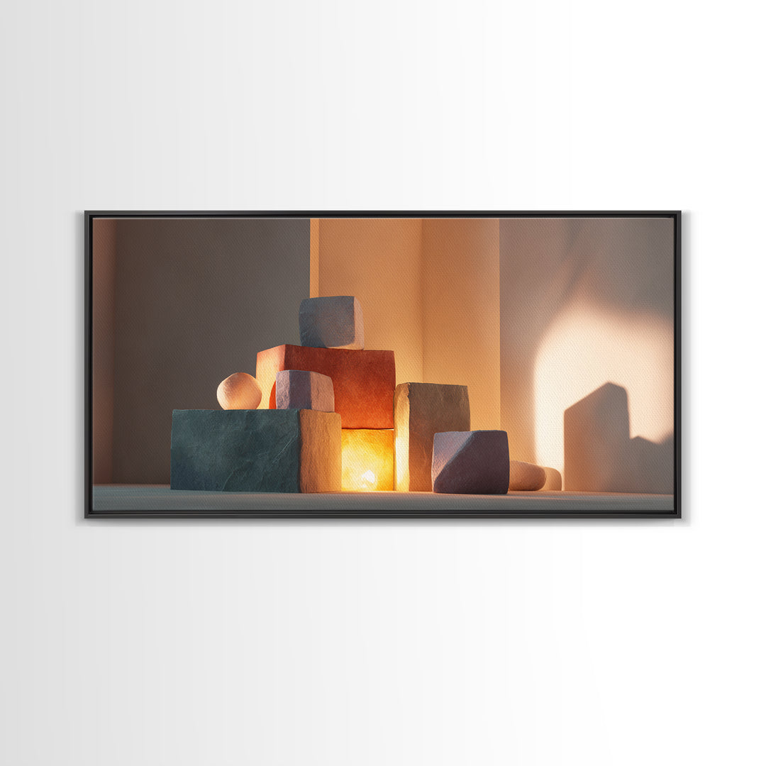 Sunlit Minimal Stone Blocks And Soft Shadows, Framed Canvas Print, Modern Wall Art, Neutral Decor, Bedroom Art Print, Home Office Decor