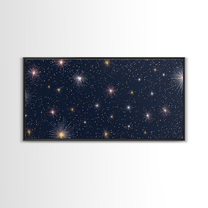 Dark Navy Gold Starry Sky Wall Art, Celestial Space Abstract Print, Modern Home Decor, Cosmic Retro Poster For Bedroom Decor