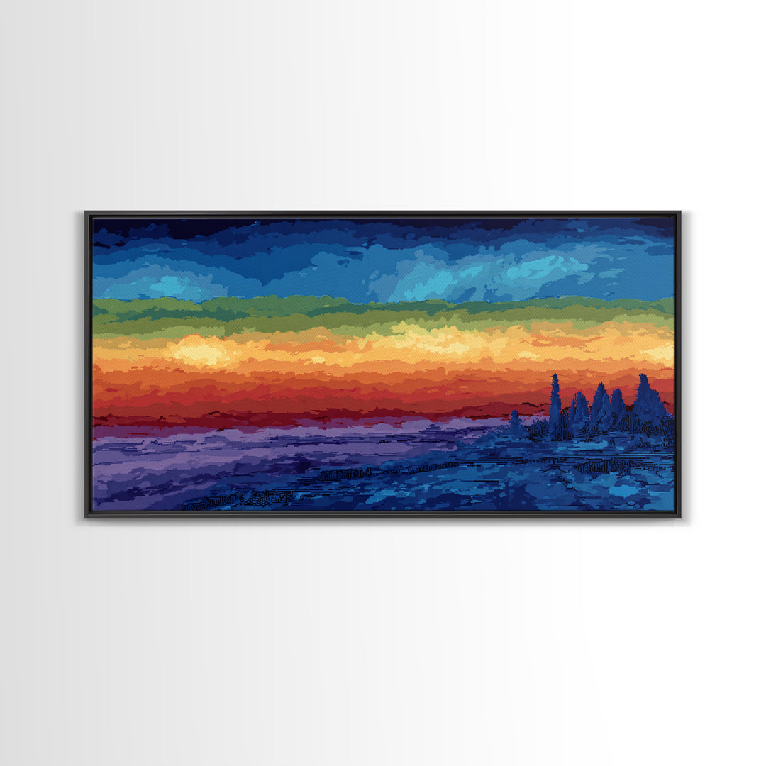 Dramatic Lake Sunset With Pine Silhouettes Framed Canvas Print, Blue Orange Landscape Wall Art, Rustic Cabin Decor, Lake House Decor