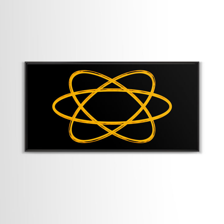 Golden Atomic Orbit Lines On Black Canvas Print, Midcentury Modern Abstract Wall Art, Retro Space Poster, Office Decor, Geek Decor