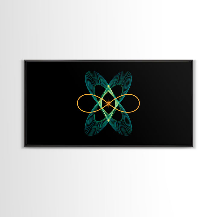 Teal And Gold Orbital Wave Lines Wall Art, Atomic Midcentury Modern Abstract Print, Black Retro Space Poster, Office Decor