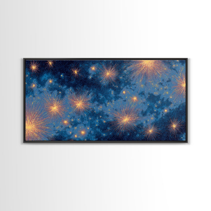 Blue Cloudy Fireworks Night Sky Canvas Print, Celestial Space Wall Art, Gold Stars Modern Decor For Bedroom Or Office Decor