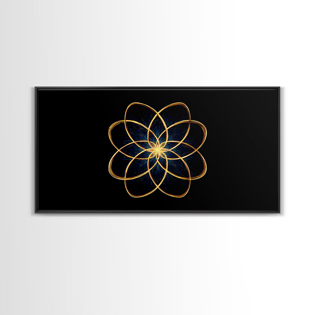Gold Lotus Flower Line Art Canvas Print, Black And Gold Sacred Geometry Wall Decor, Spiritual Modern Abstract Artwork Gift