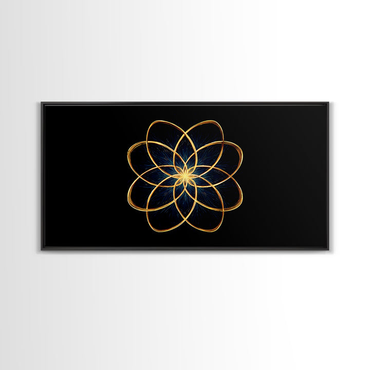 Gold Lotus Flower Line Art Canvas Print, Black And Gold Sacred Geometry Wall Decor, Spiritual Modern Abstract Artwork Gift