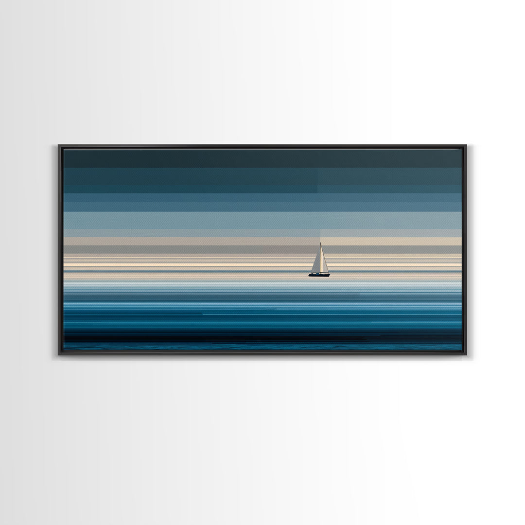 Minimal Sailboat Horizon Wall Art, Blue Ocean Seascape Print, Coastal Modern Wall Decor, Nautical Living Room Artwork Print