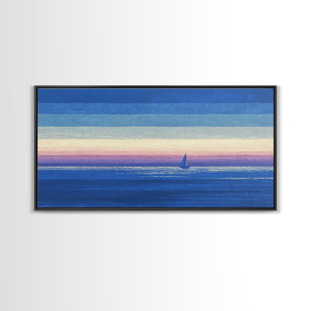 Blue Textured Sailboat Canvas Print, Ocean Sunset Seascape Wall Decor, Coastal Landscape Art For Bedroom And Lake House Decor