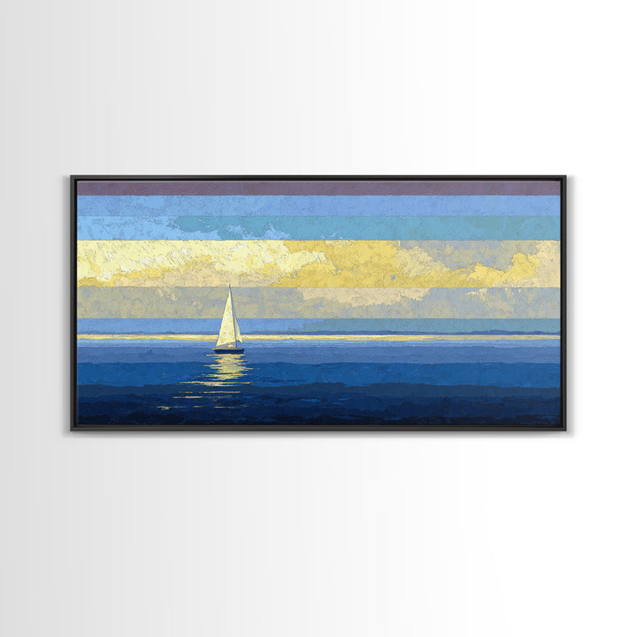 Sunlit Sailboat Seascape Framed Canvas Print, Blue Coastal Wall Art, Nautical Lake House Decor, Modern Ocean Artwork Print