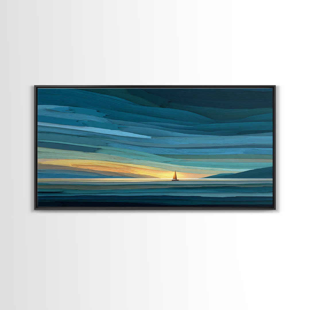 Teal Sunset Sailboat Wall Art, Dramatic Ocean Seascape Print, Coastal Modern Decor, Nautical Lake House Canvas Artwork Print