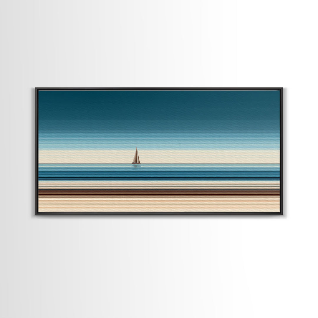 Minimalist Sailboat Horizon Canvas Print, Blue Beige Coastal Wall Art, Modern Nautical Decor For Living Room And Office Decor