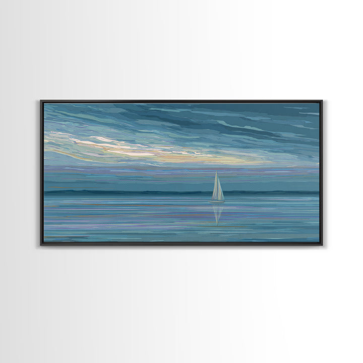 Painterly Sailboat Reflection Wall Art, Blue Coastal Seascape Print, Modern Ocean Decor, Nautical Landscape For Lake House