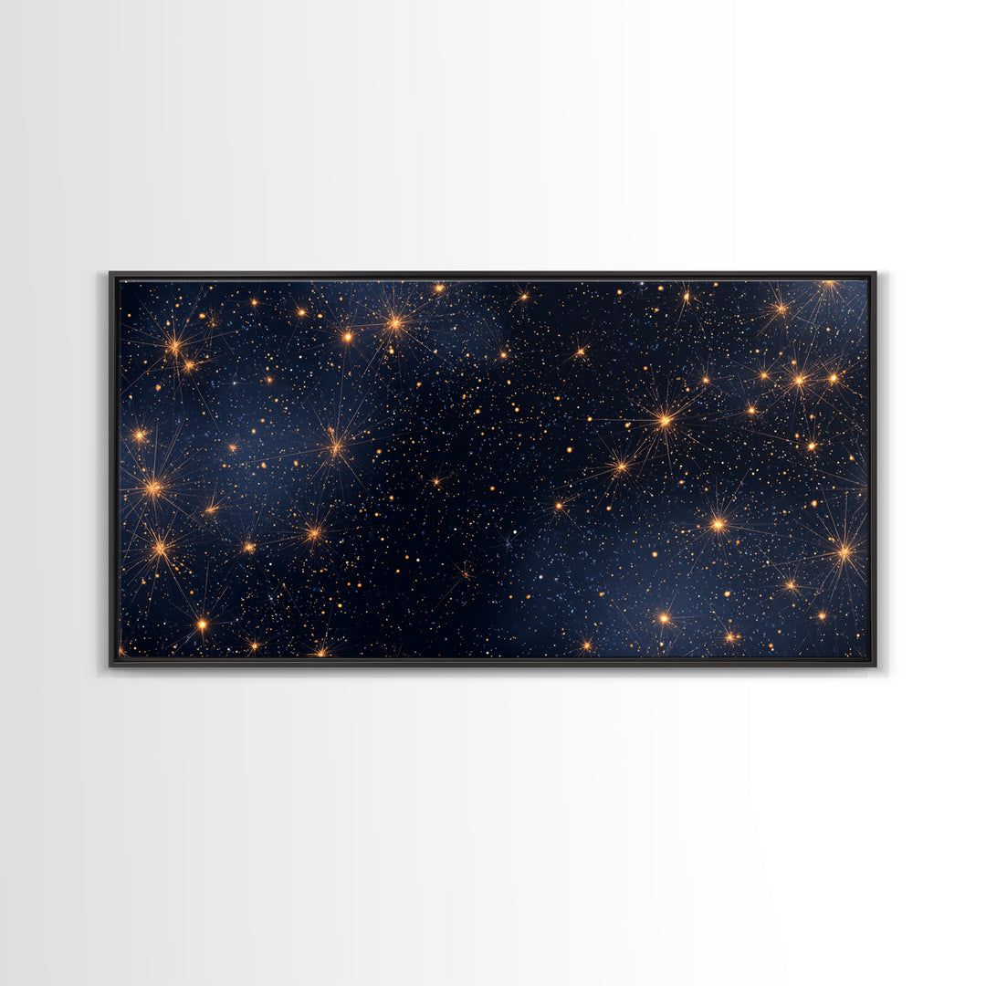 Golden Constellation Star Field Wall Art, Dark Navy Space Abstract Print, Modern Celestial Decor, Cosmic Bedroom Poster Art