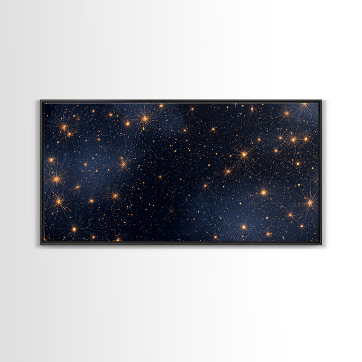 Golden Constellation Star Field Wall Art, Dark Navy Space Abstract Print, Modern Celestial Decor, Cosmic Bedroom Poster Art