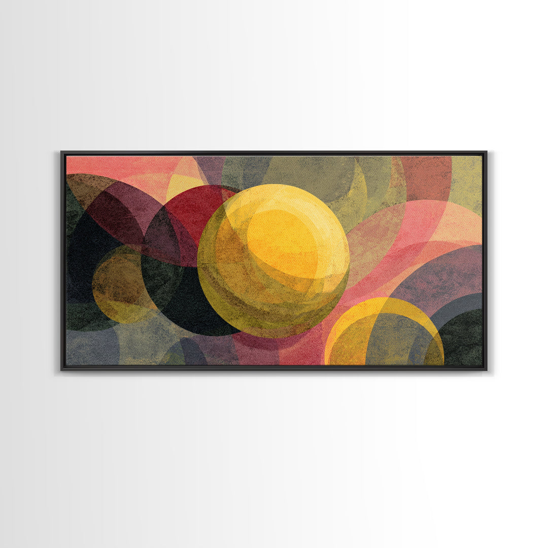 Layered Circles And Golden Orb Wall Art, Midcentury Modern Abstract Art, Retro Geometric Poster, Bold MCM Living Room Decor