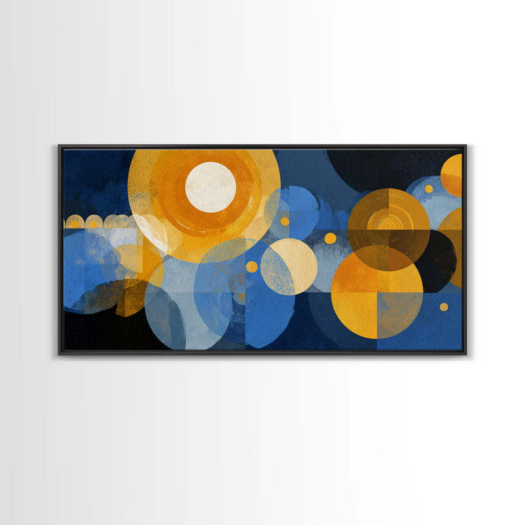 Blue Gold Atomic Circles Canvas Print, Midcentury Modern Wall Art, Geometric Abstract Poster, Retro Office Decor, MCM Home Art