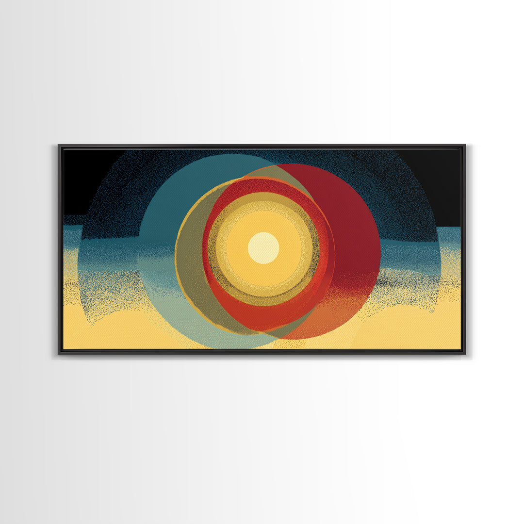 Glowing Concentric Sun Wall Art, Midcentury Modern Canvas Print, Retro Geometric Poster, Atomic Horizon Home Office Decor