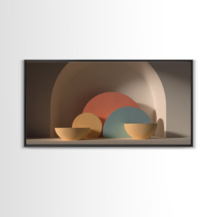 Minimalist Bowls In Arched Alcove Framed Canvas Print, Midcentury Modern Wall Art, Neutral Boho Decor, MCM Still Life Art