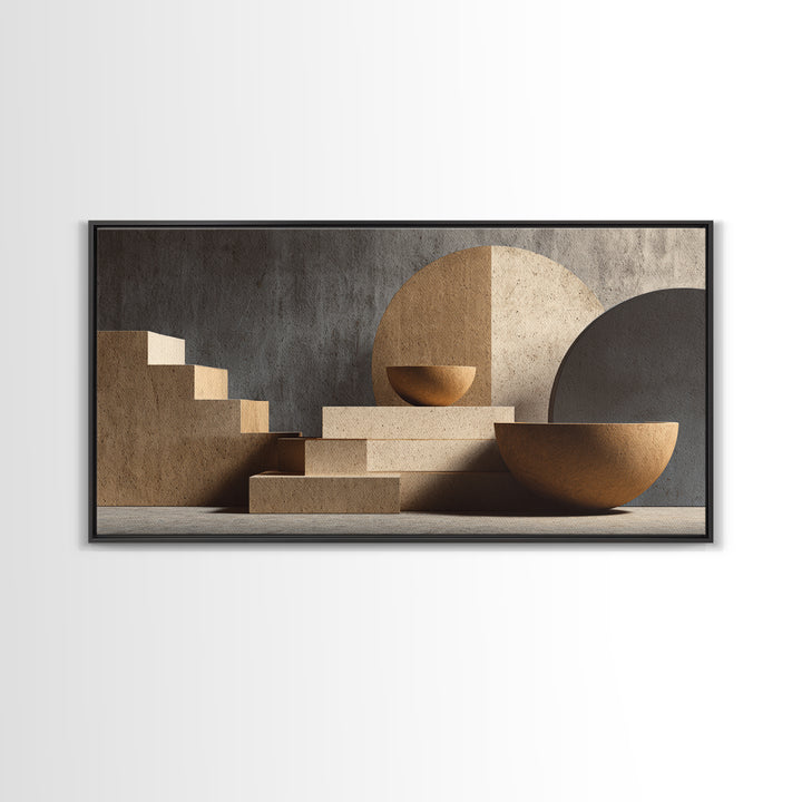 Architectural Stairs And Stone Bowls Wall Art, Framed Canvas Print, Midcentury Modern Decor, Neutral Abstract Home Office Art