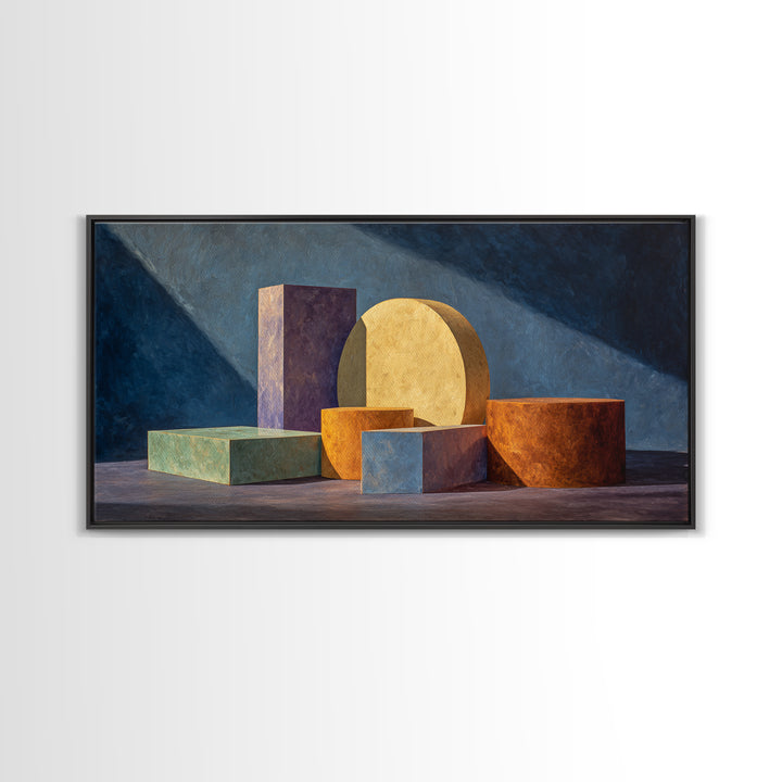 Colorful Blocks And Cylinders Still Life Wall Art, Framed Canvas Print, Modern Abstract Decor, Gallery Wall Office Poster
