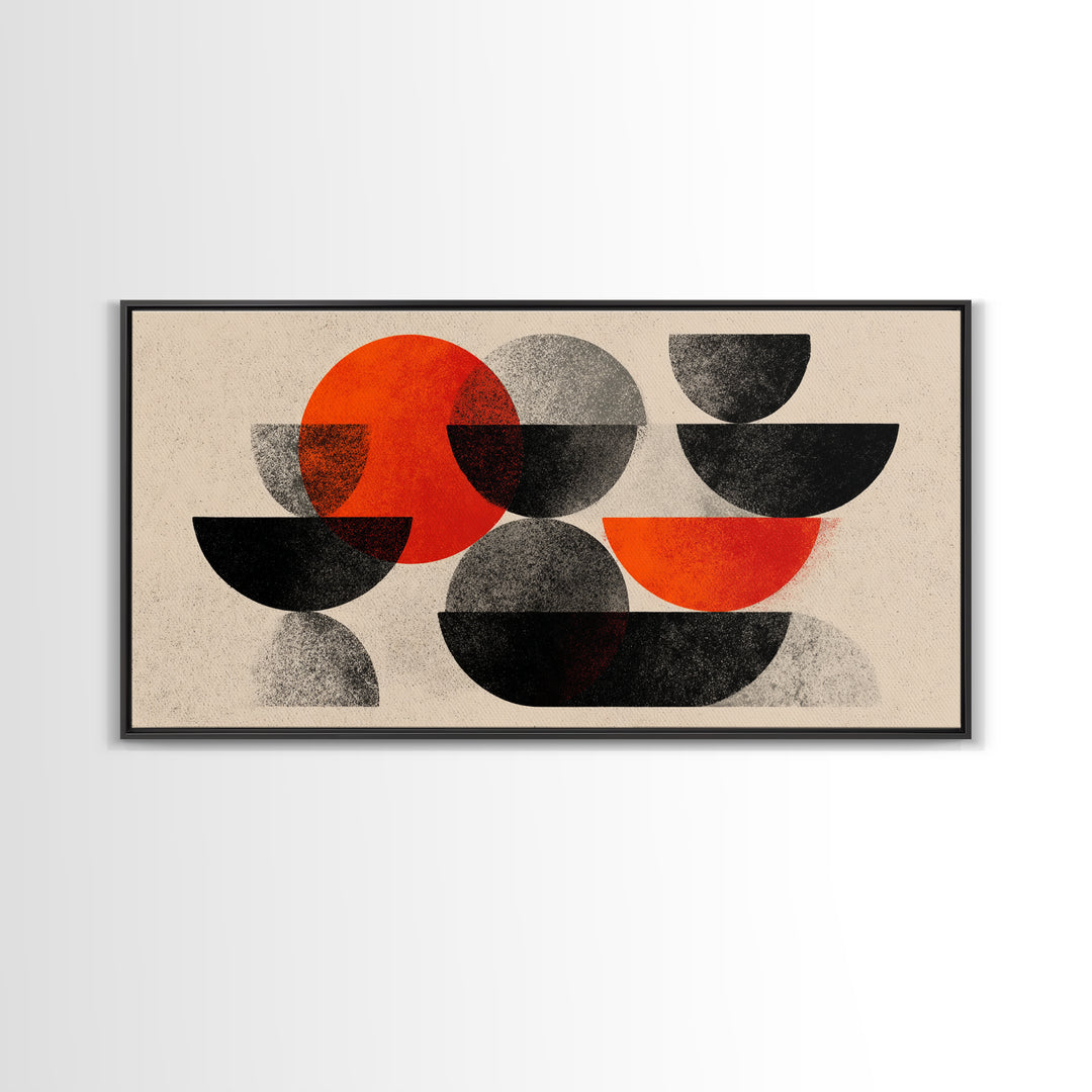 Red Black Gray Semi Circle Abstract Canvas Print, Mid Century Modern Wall Decor, Bauhaus Geometric Art For Office And Living Room