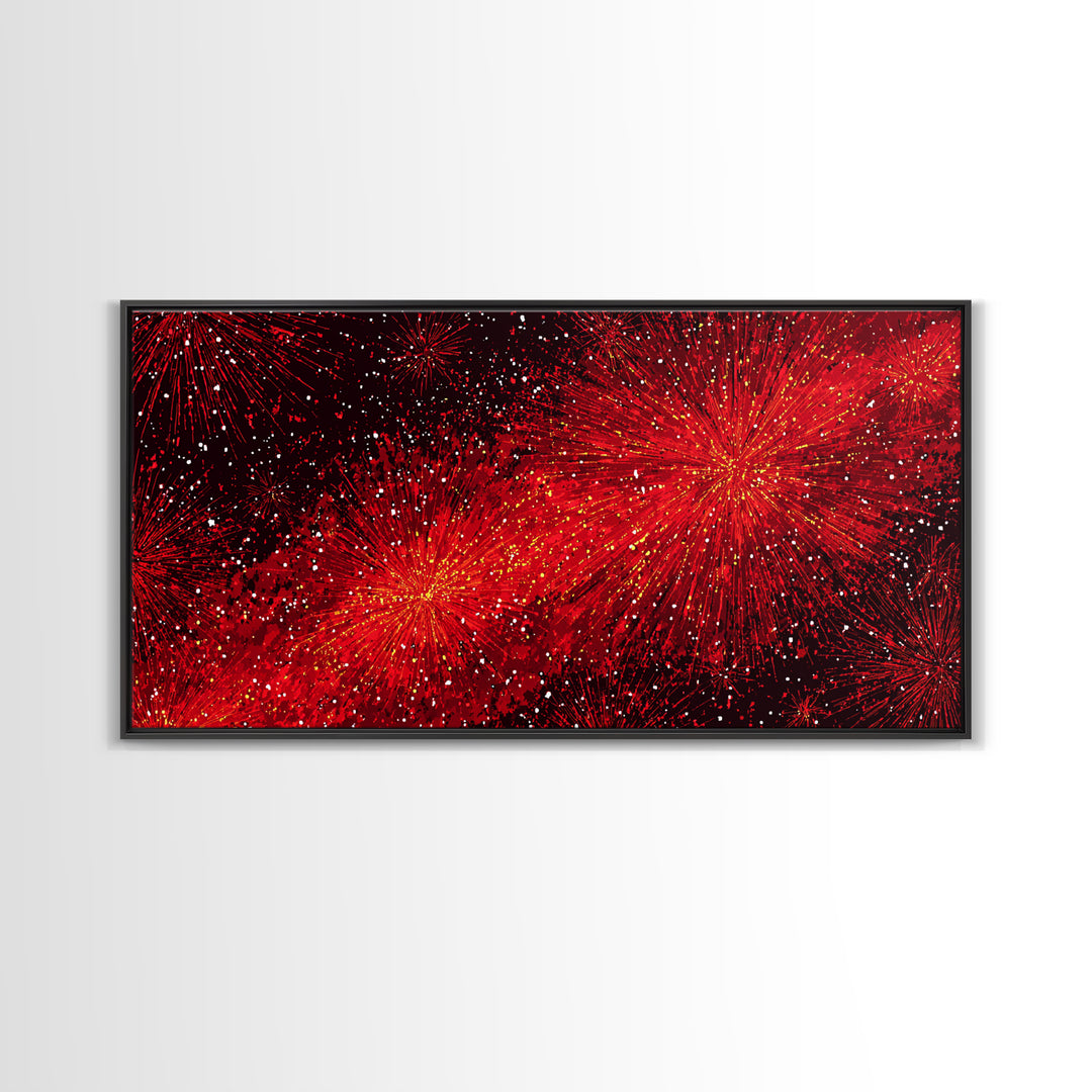 Fiery Red Starburst Fireworks Wall Art, Retro Atomic Mid Century Modern Decor, Bold Abstract Print For Living Room Or Office
