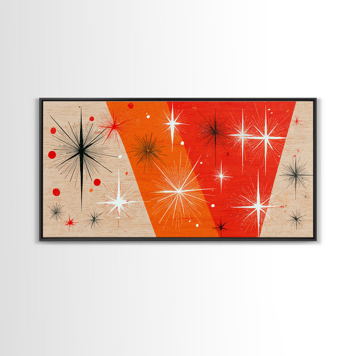Orange Atomic Starburst Framed Canvas Print, Mid Century Modern Wall Decor, Retro Geometric Abstract Art For Bedroom Or Office