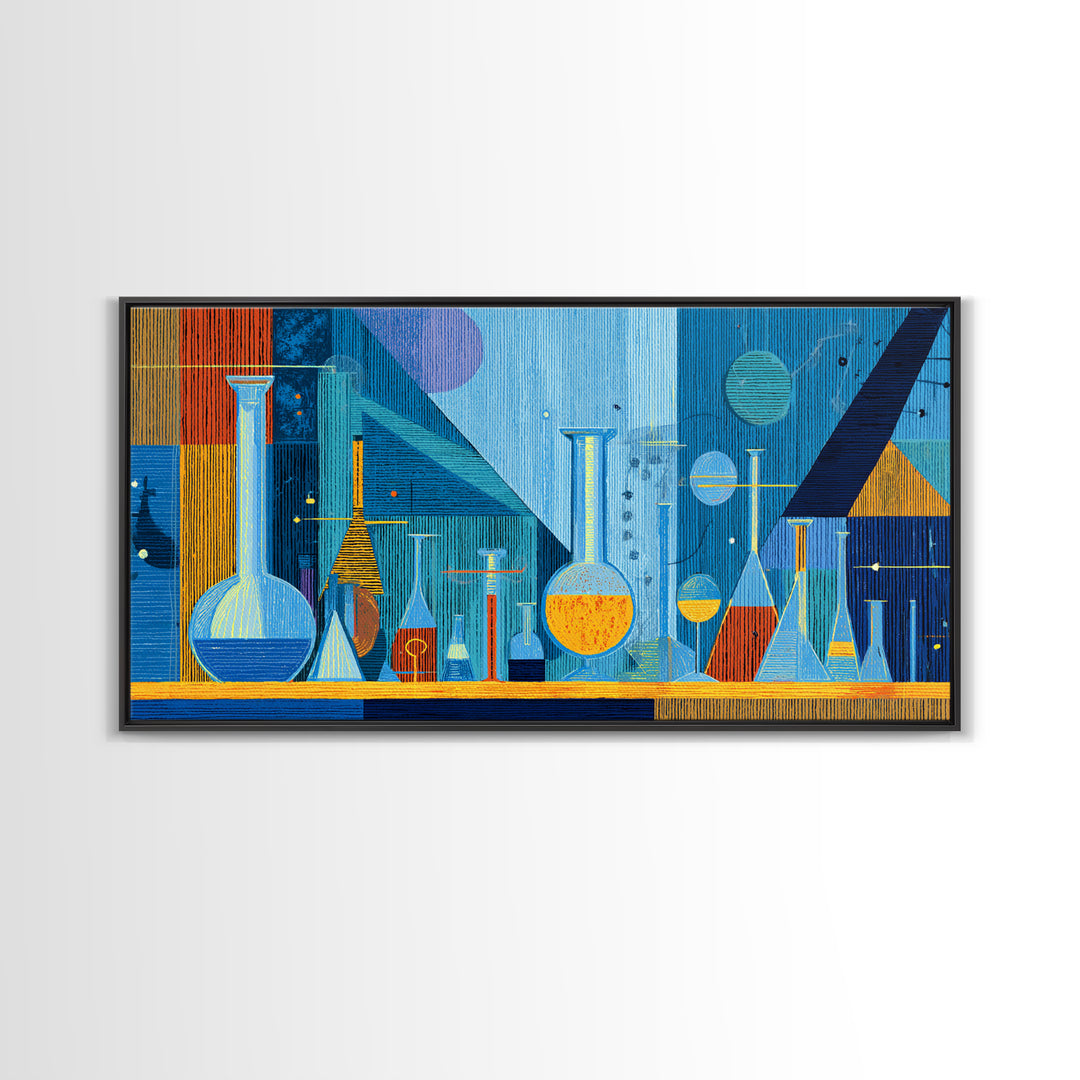 Blue Glass Chemistry Still Life Wall Art, Mid Century Modern Decor, Retro Science Canvas Print For Office Studio Or Kitchen