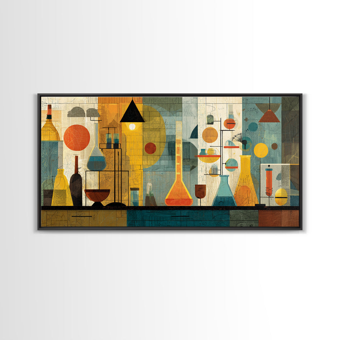 Yellow Teal Laboratory Still Life Framed Canvas Print, Mid Century Modern Wall Decor, Retro Science Art For Home Office Decor