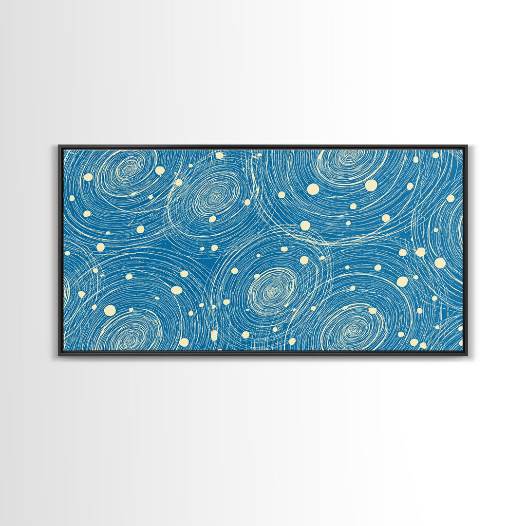 Blue Swirling Star Field Framed Canvas Print, Midcentury Modern Wall Art, Retro Abstract Poster, Cosmic Home Decor, MCM Office Decor