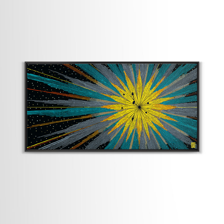 Yellow Teal Cosmic Starburst Canvas Print, Midcentury Modern Space Abstract Wall Art, Atomic Retro MCM Home Decor For Office Decor