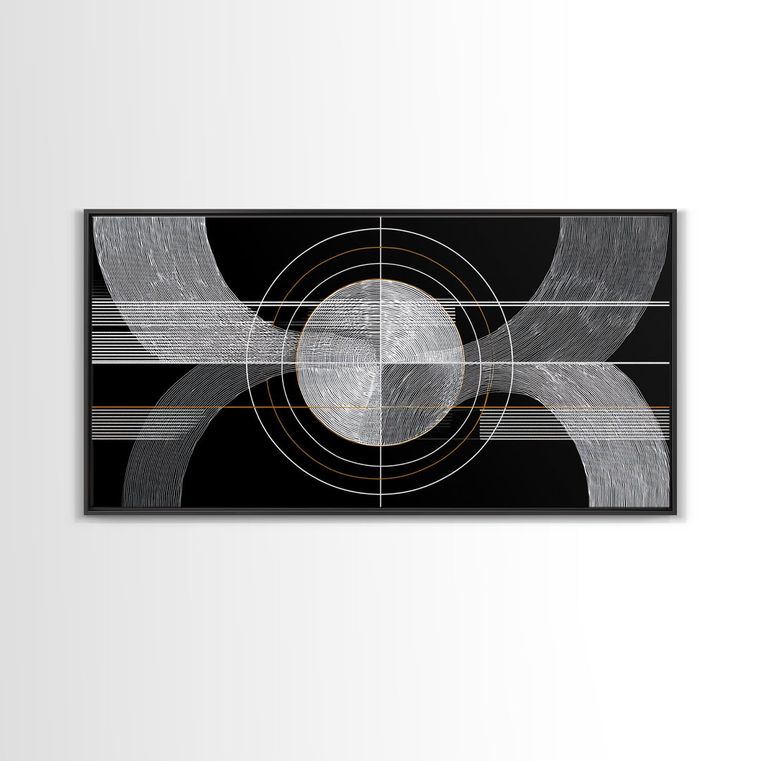 Black White Orbital Waves Framed Canvas Print, Midcentury Modern Wall Art, Geometric Abstract Poster, MCM Home Decor, Gold Accent