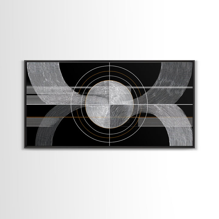 Black White Orbital Waves Framed Canvas Print, Midcentury Modern Wall Art, Geometric Abstract Poster, MCM Home Decor, Gold Accent