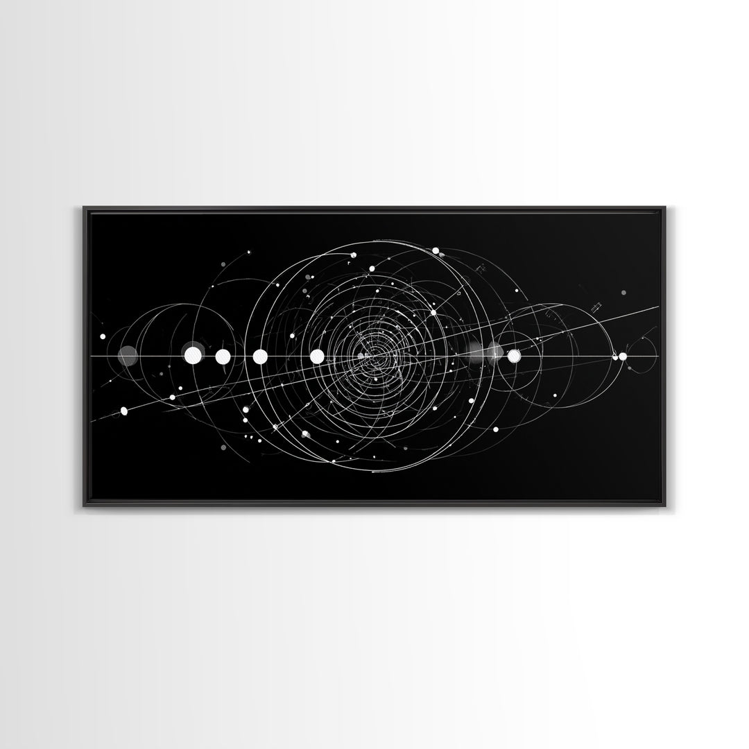 White Orbital Geometry In Black Space Wall Art, Modern Abstract Art Print, Sci Fi Decor, Geometric Wall Decor Gift For Office